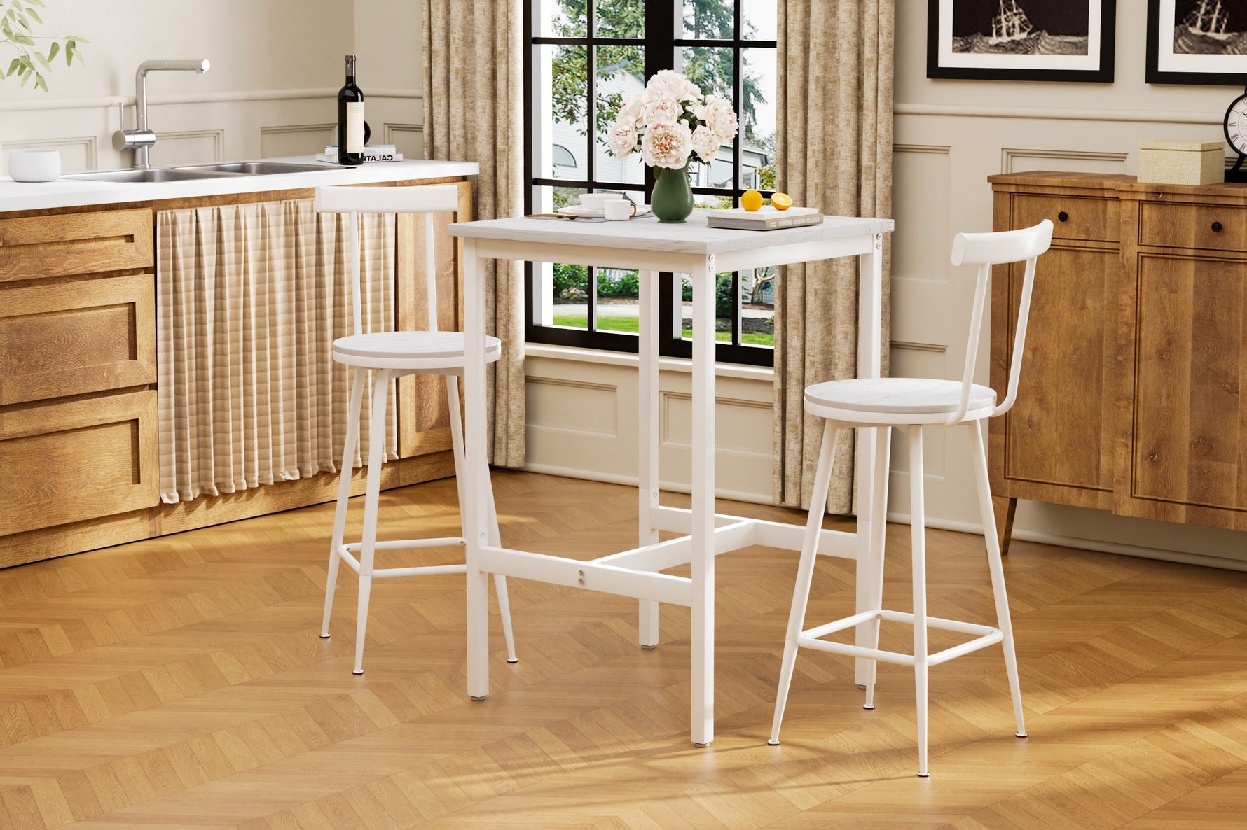 Bar Table and 2 Stools Set Industrial Style Metal Frame - White