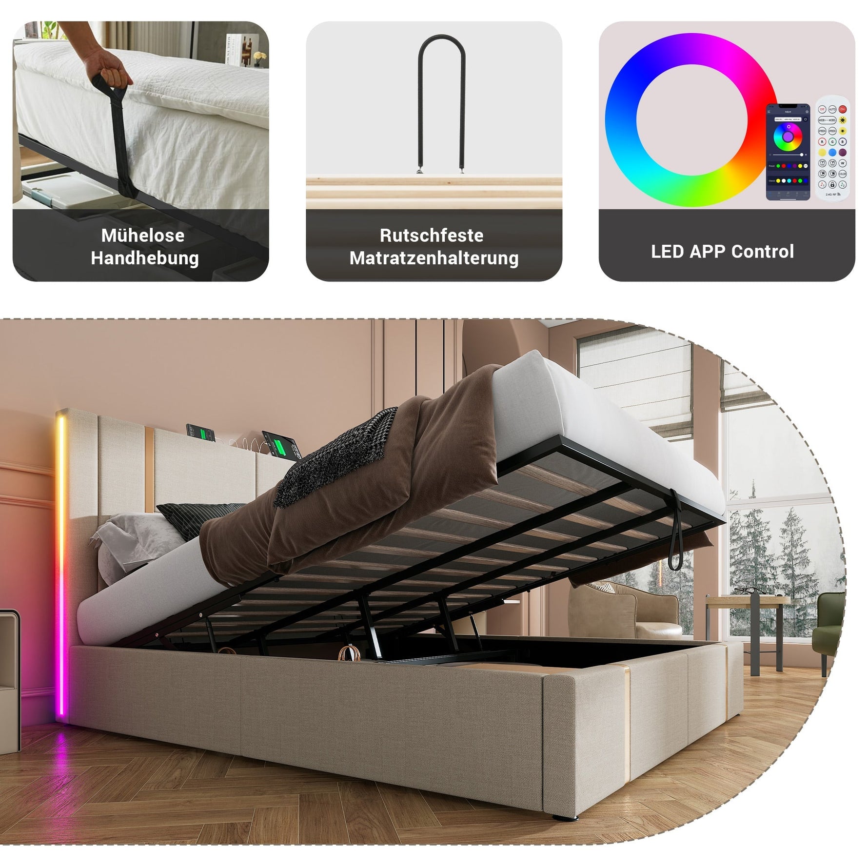 Upholstered Double Bed, 180x200cm, USB-C, APP Control, LED, Storage, Beige Linen
