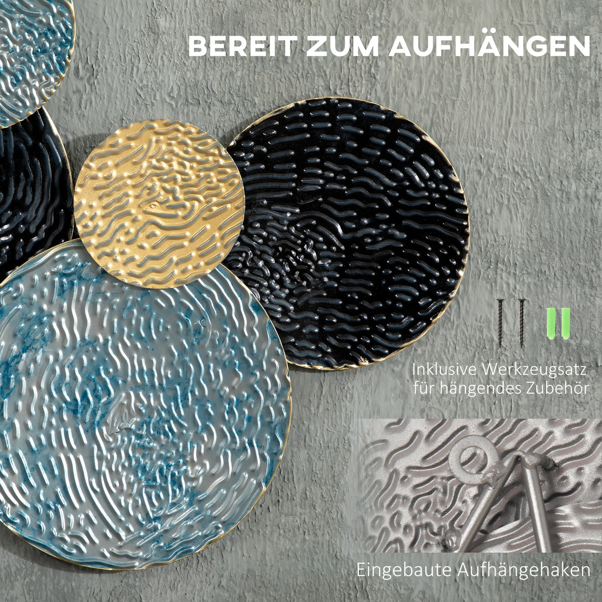 3D Wall Art, Modern Sculpture, 121x53cm, Gold Black Blue Metal
