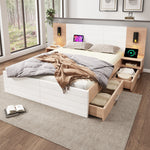 Double Wooden Bed, 180x200cm with 2 Drawers & USB Reading Light, Oak/White