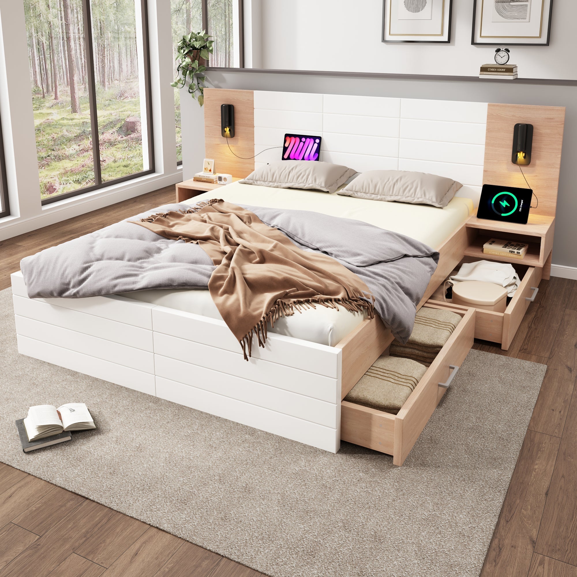 Double Wooden Bed, 160x200cm with 2 Drawers, Reading Light & USB, Oak/White