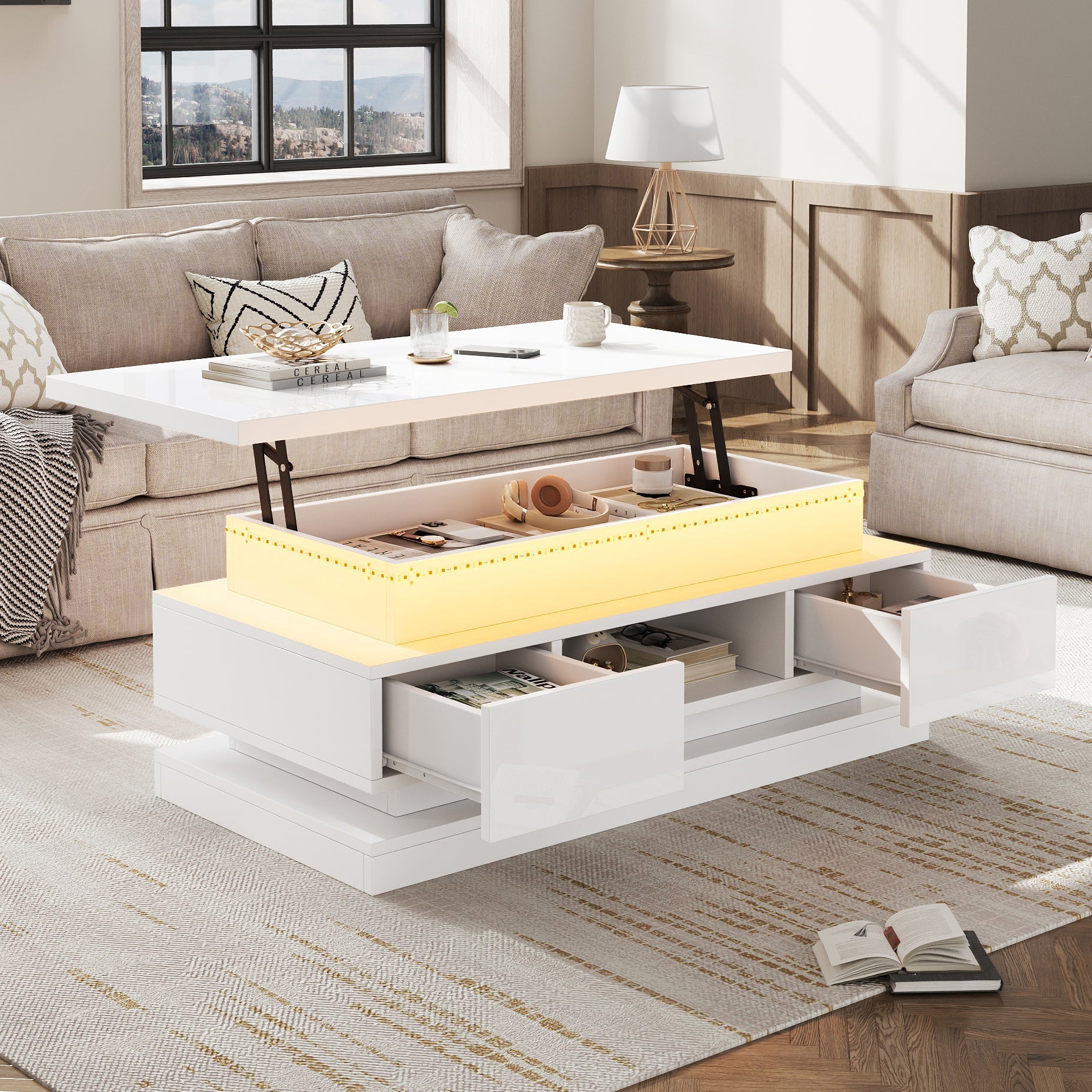 Liftable Coffee Table with 2 Drawers and LED Lighting, White Chipboard