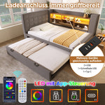 Upholstered Bed with Pull-Out Bed and LED Storage Headboard, Grey Linen