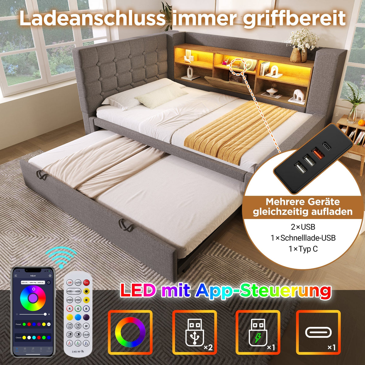 Upholstered Bed with Pull-Out Bed and LED Storage Headboard, Grey Linen