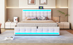 Upholstered Bed, Hydraulic Storage with USB & LED Light Strip, Beige Linen