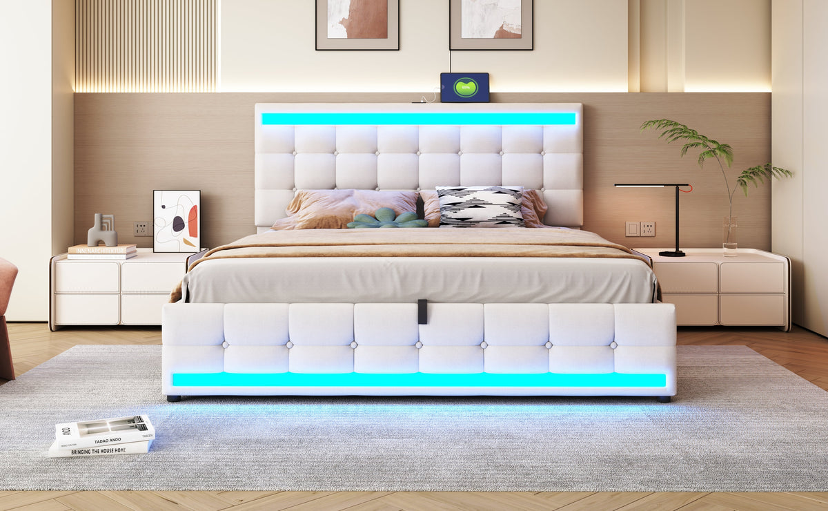 Upholstered Bed, Hydraulic Storage with USB & LED Light Strip, Beige Linen
