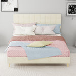 Modern Double Bed 140x200cm with Plaid Headboard, Dark Gray Fabric