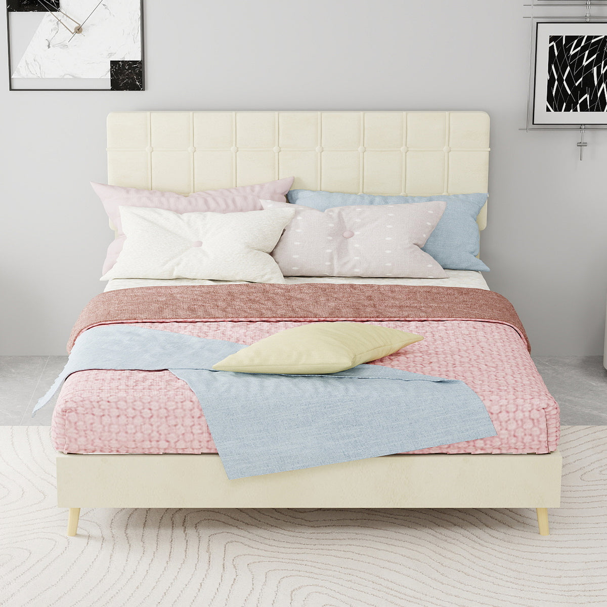 Modern Double Bed 140x200cm with Plaid Headboard, Dark Gray Fabric