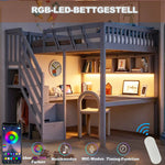 Solid Wood Loft Bed 140x200 with Desk, Storage & LED, Grey