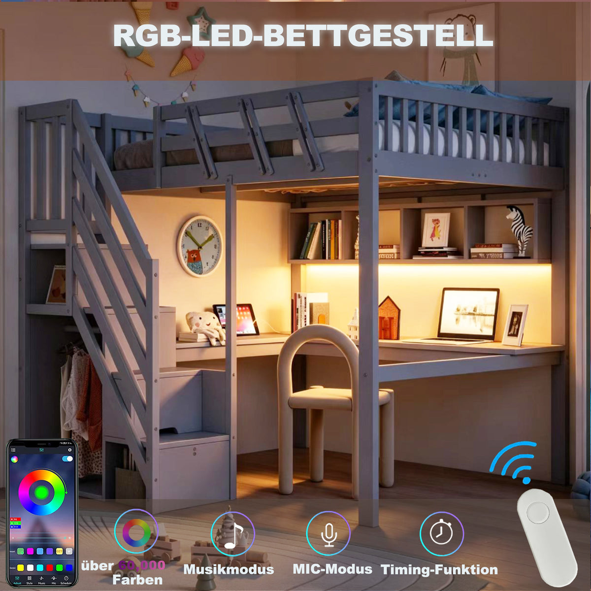 Solid Wood Loft Bed 140x200 with Desk, Storage & LED, Grey