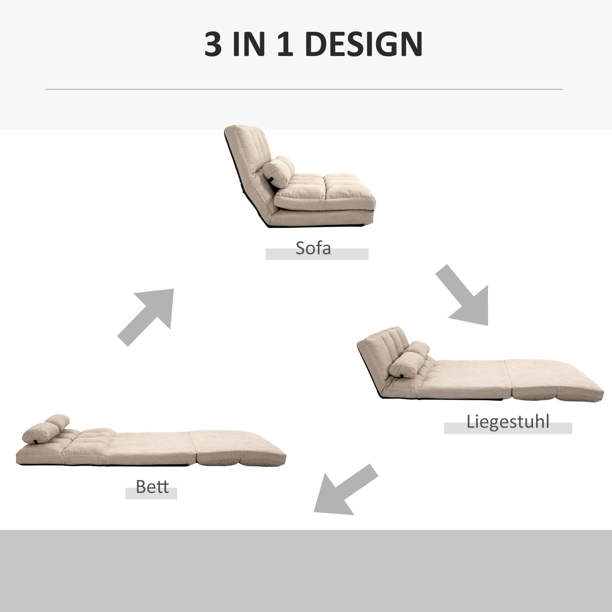 Floor Chair 2-in-1 Bed Adjustable Backrest Seat Cushion Beige Velvet Steel