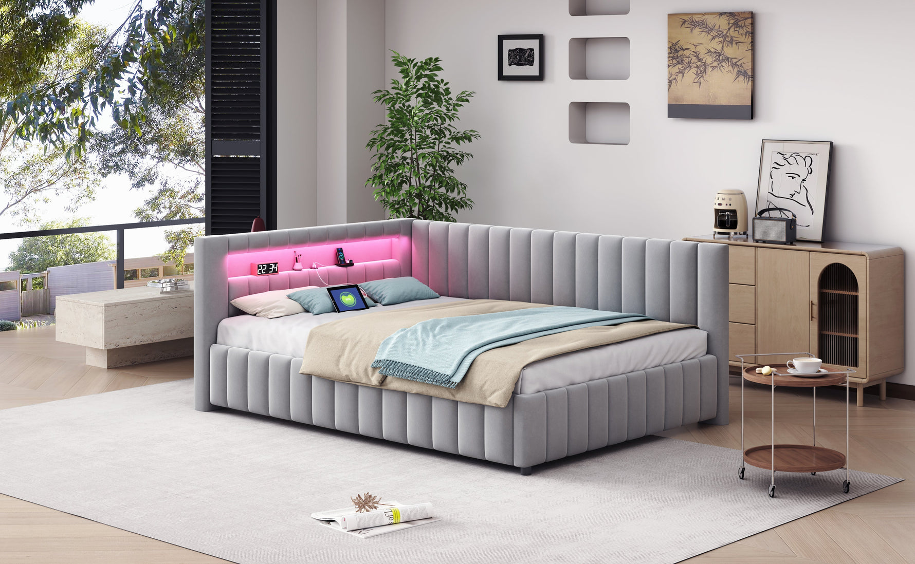 Sofa bed 140x200, LED light USB port, velvet grey