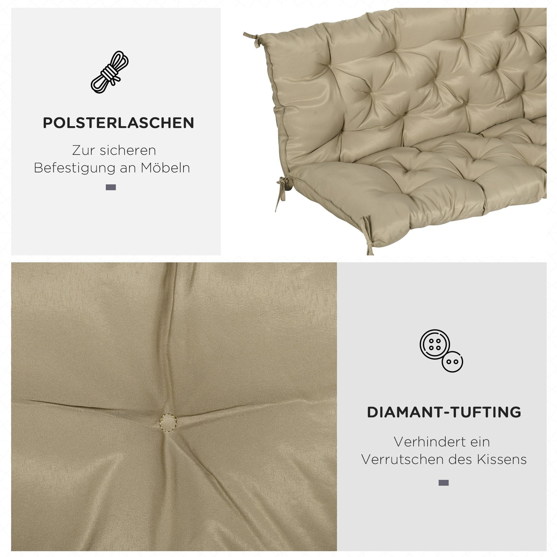 3-Seater Bench Cushion 150x98x8 cm with Ties, Khaki