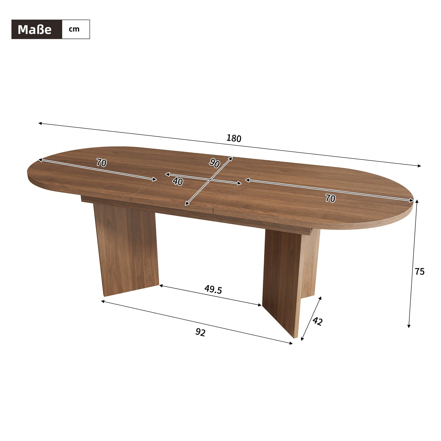 Extendable Dining Table, 140/180 x 90 cm, 6-8 People with Rounded Corners, Walnut
