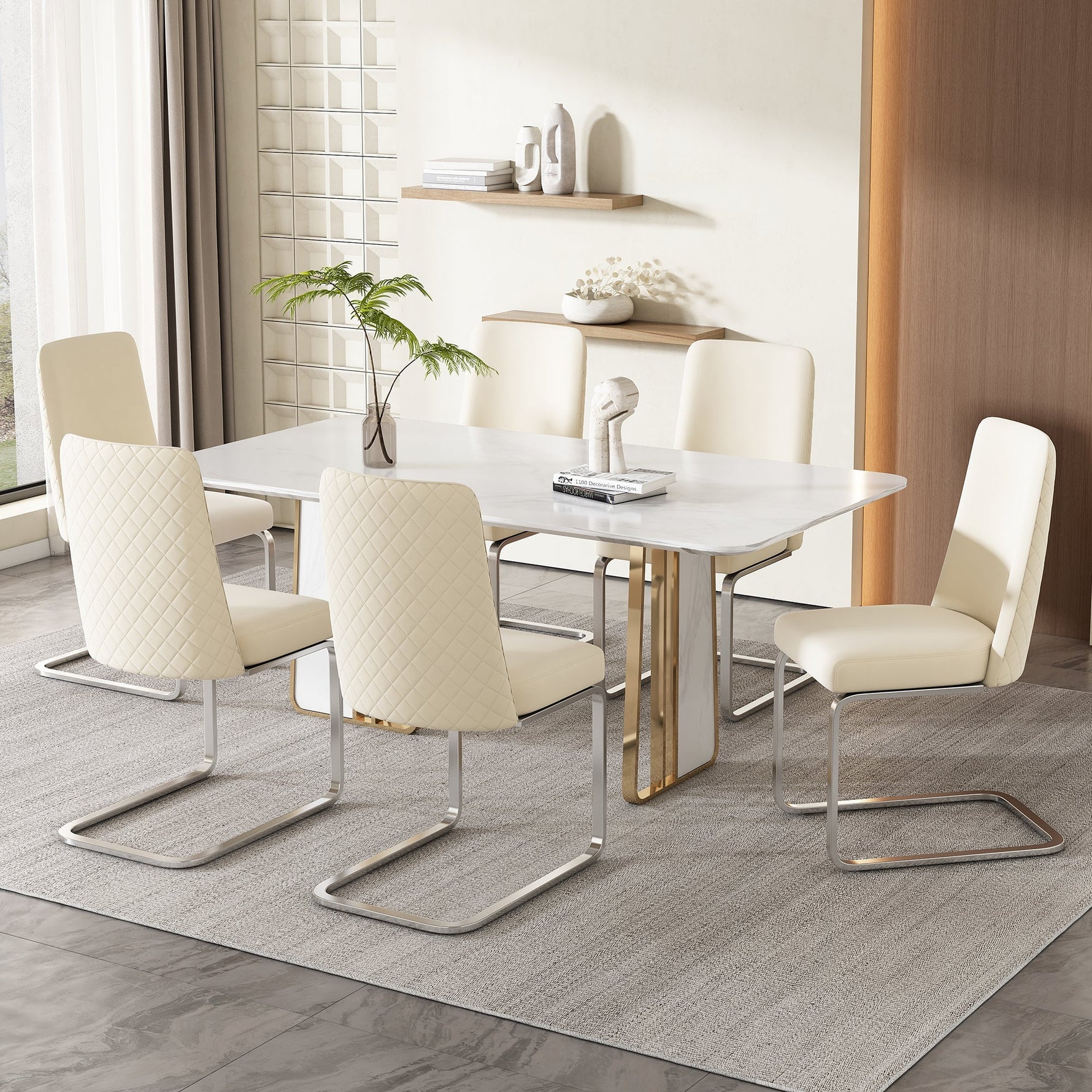 Velvet Dining Chair Set of 6, Diamond Back Design with Silver Metal Legs, Beige Velvet