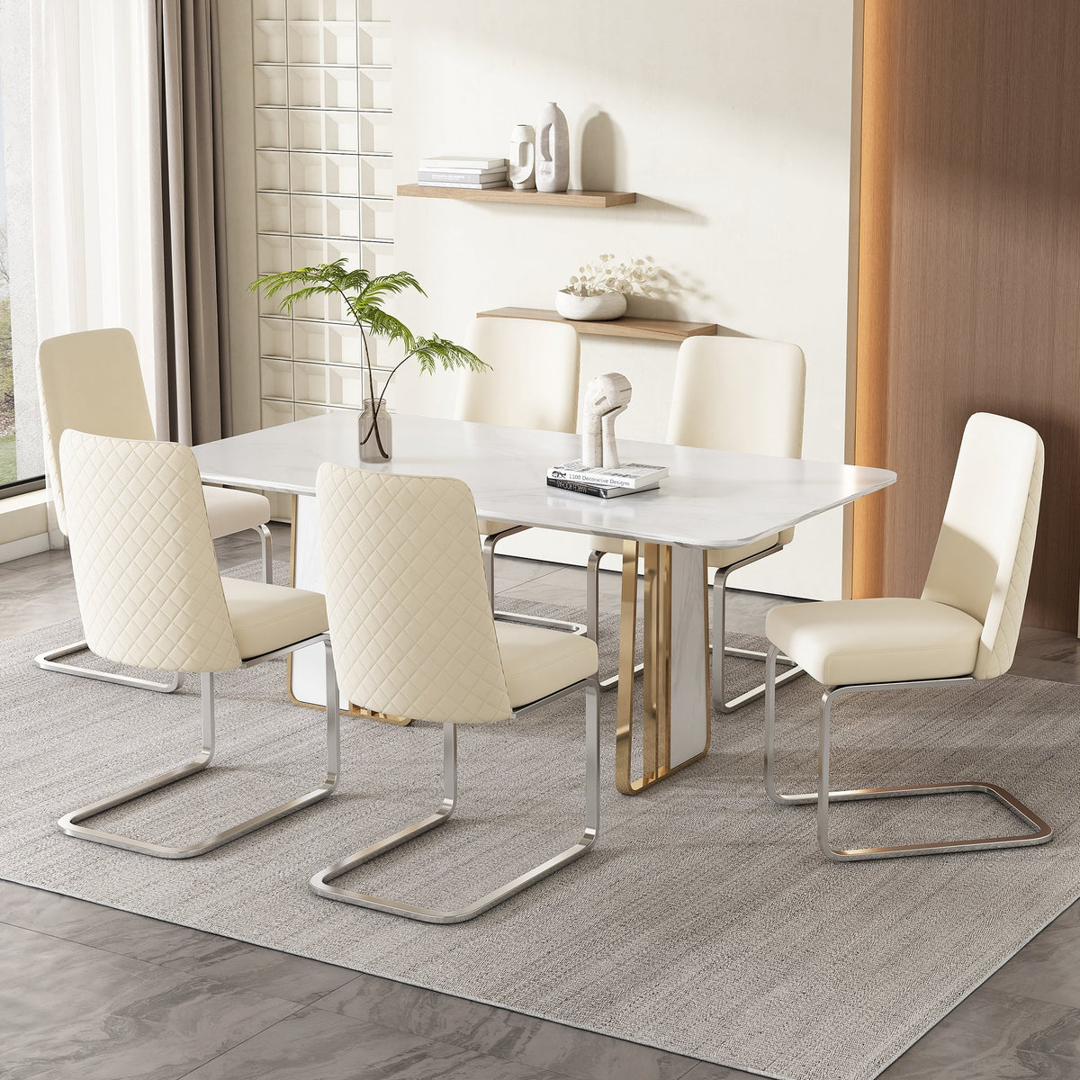 Velvet Dining Chair Set of 2 with Diamond Back Design and Silver Metal Legs, Beige