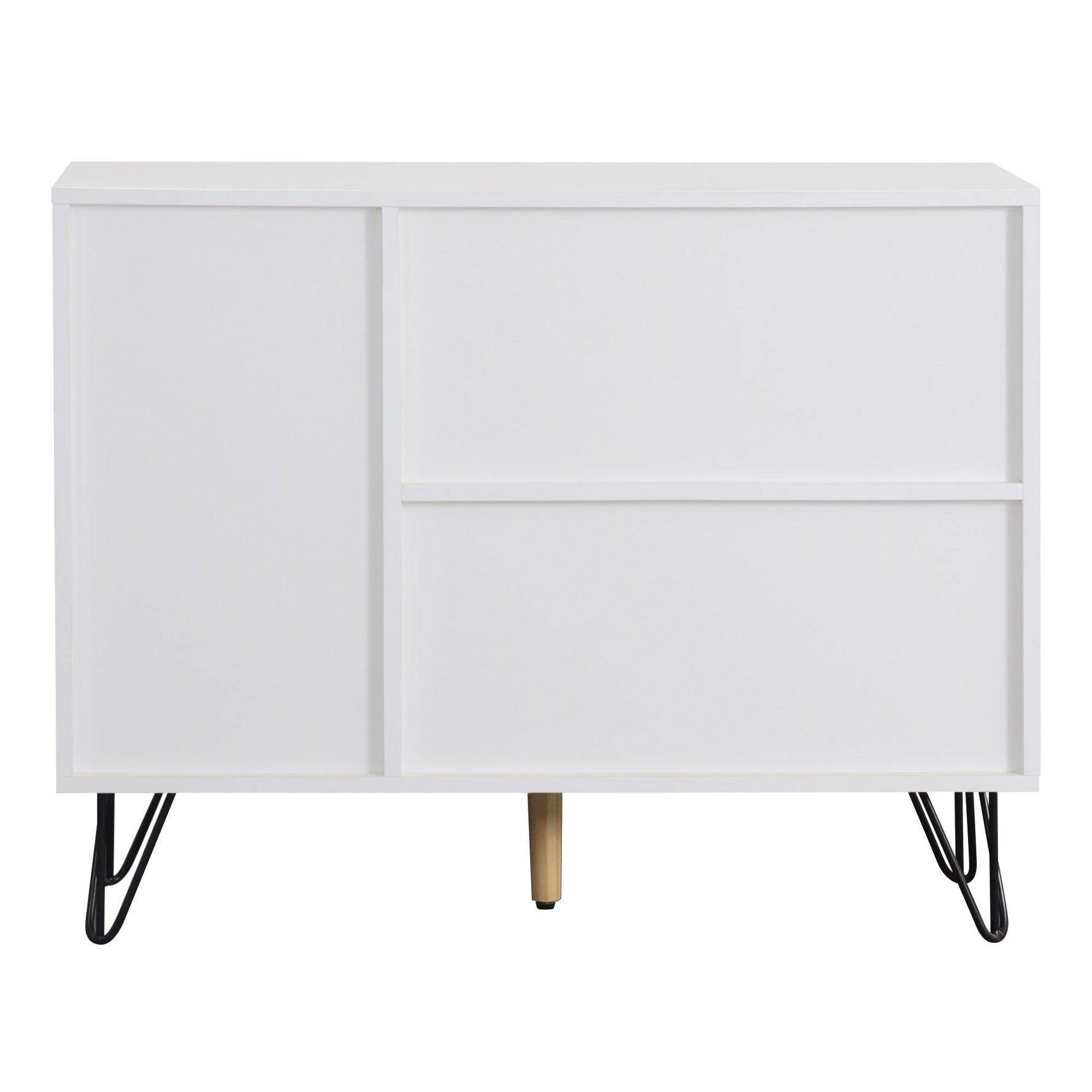 Modern storage cabinet, sideboard with drawer and adjustable shelves, white and wood look