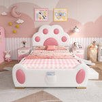 Upholstered Bed, Children's Cat Paw Headboard with Slide & Ladder, PU White + Pink