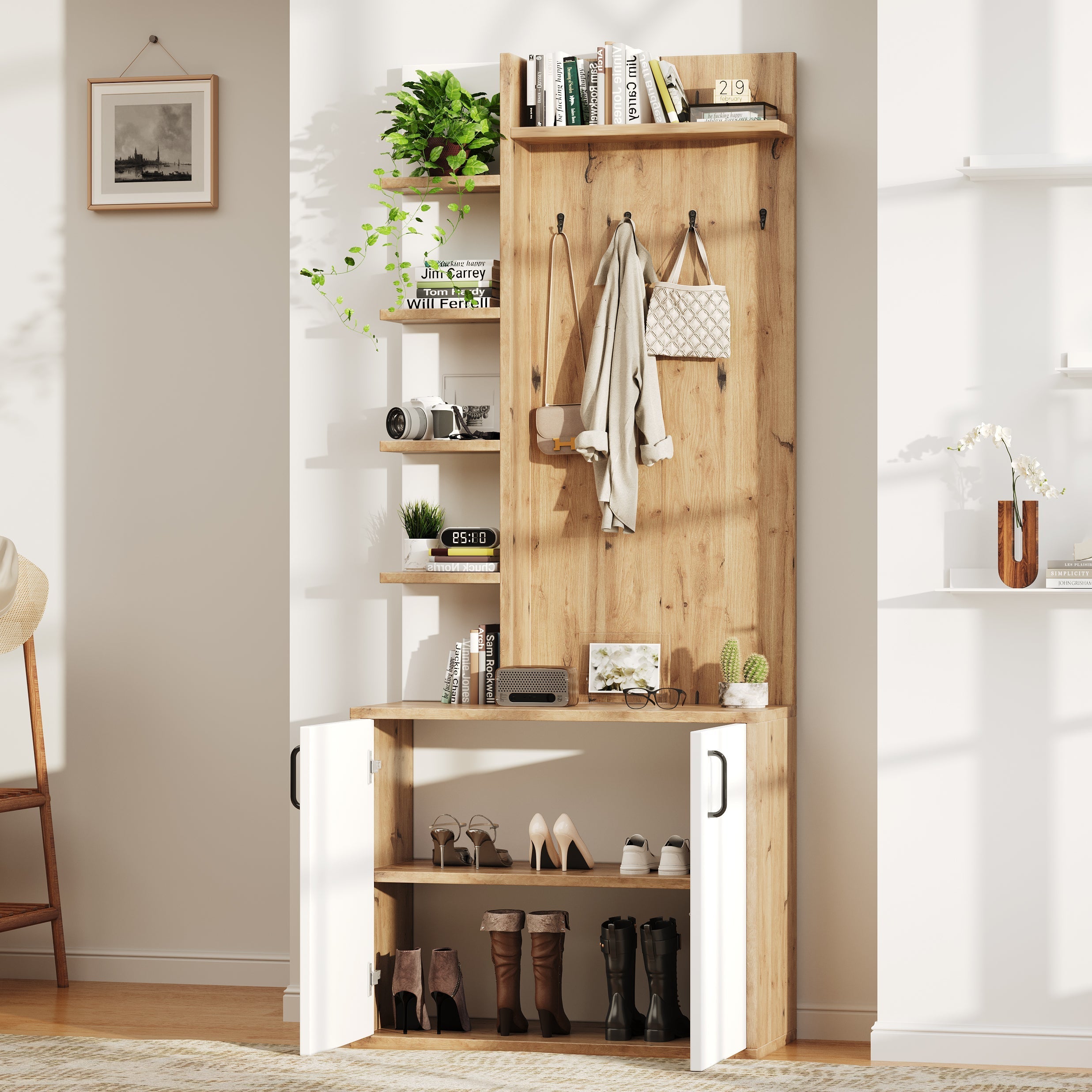Coat Rack, 75x33x180cm Wardrobe, Shoe Storage & Hooks, Wood & White