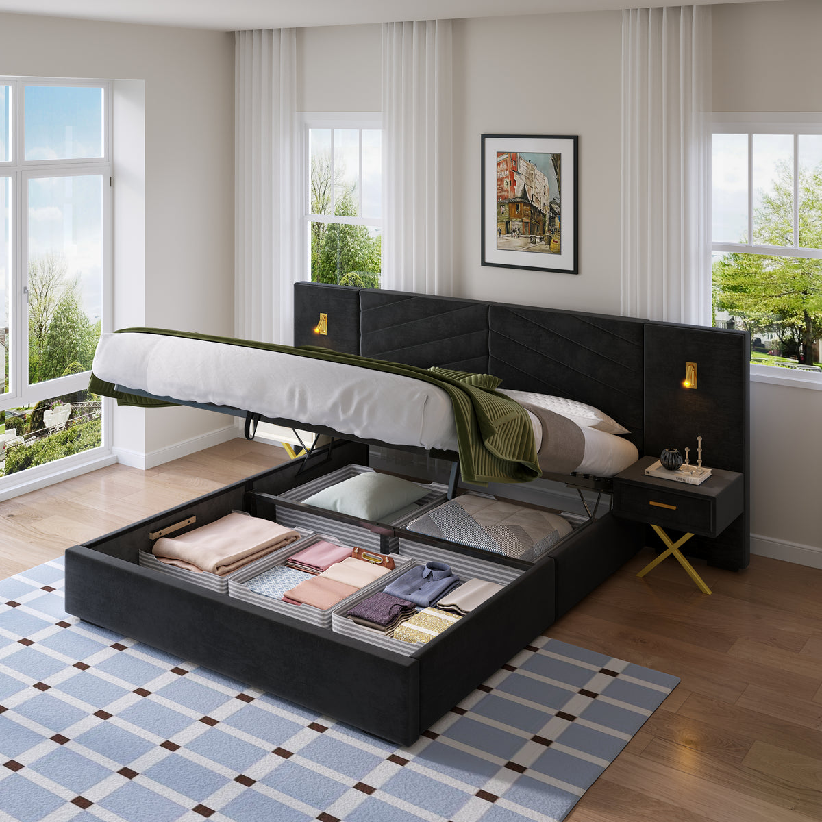 Adjustable Bed Frame with Storage Benches & LED Lights, Velvet