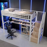 Loft Bed 90x200cm with Ladder Storage & LED, White Metal Frame