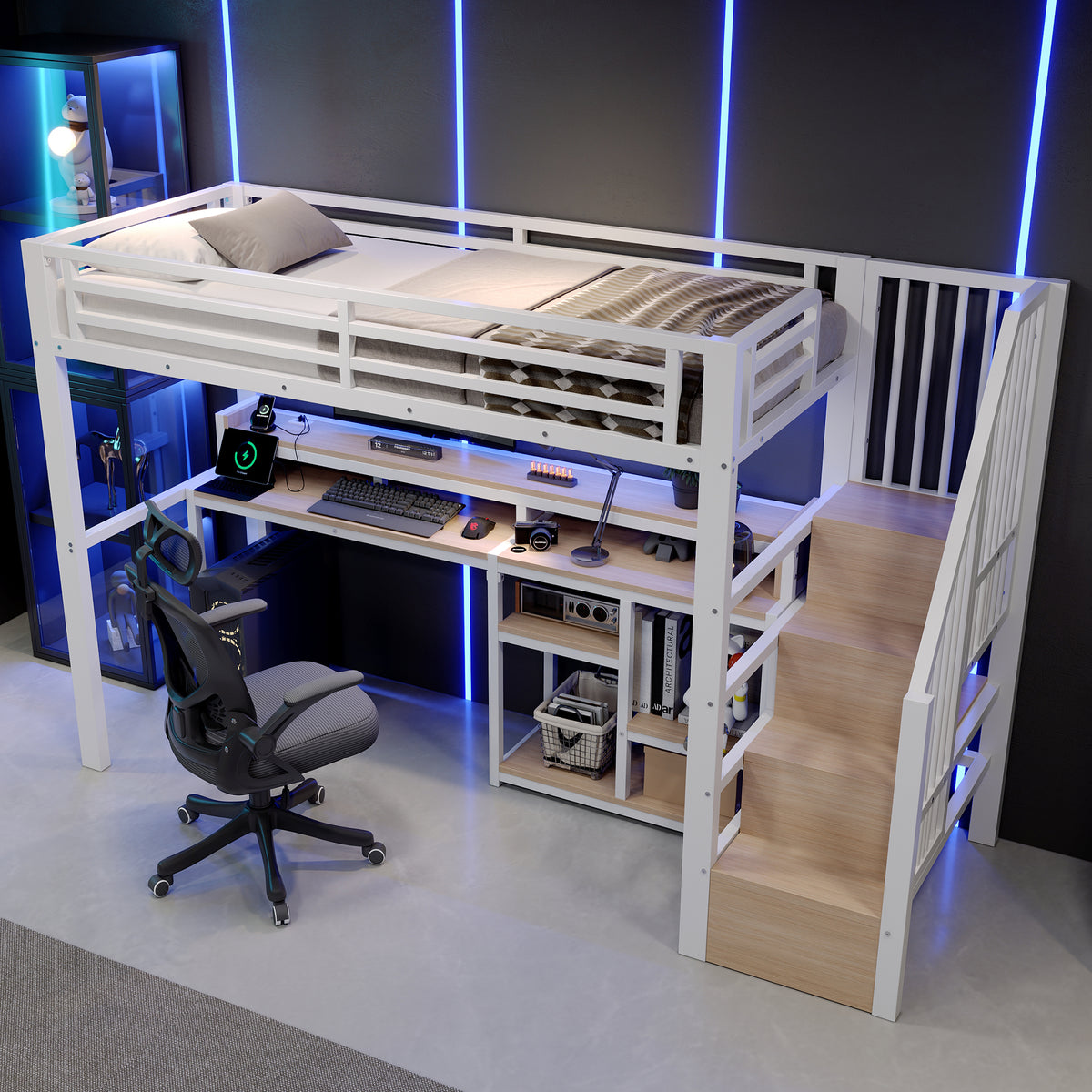 Loft Bed 90x200cm with Ladder Storage & LED, White Metal Frame