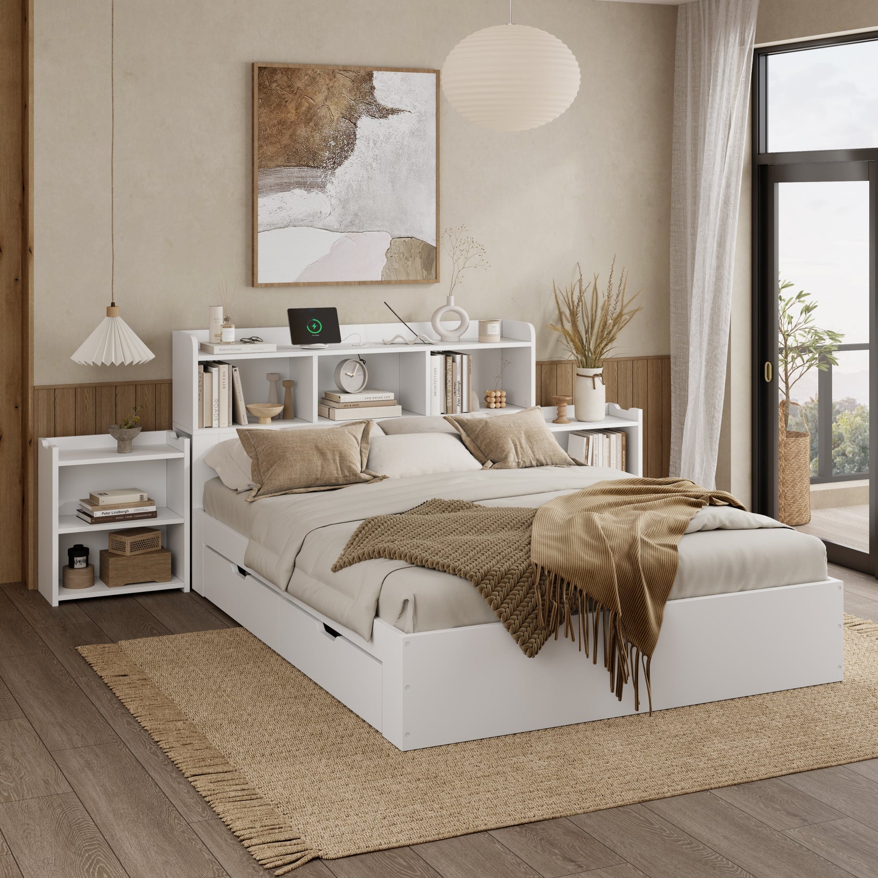 Wooden Double Bed 140x200cm with Integrated Charging, Storage Drawers and Pull-out Bedside Tables, White Wood