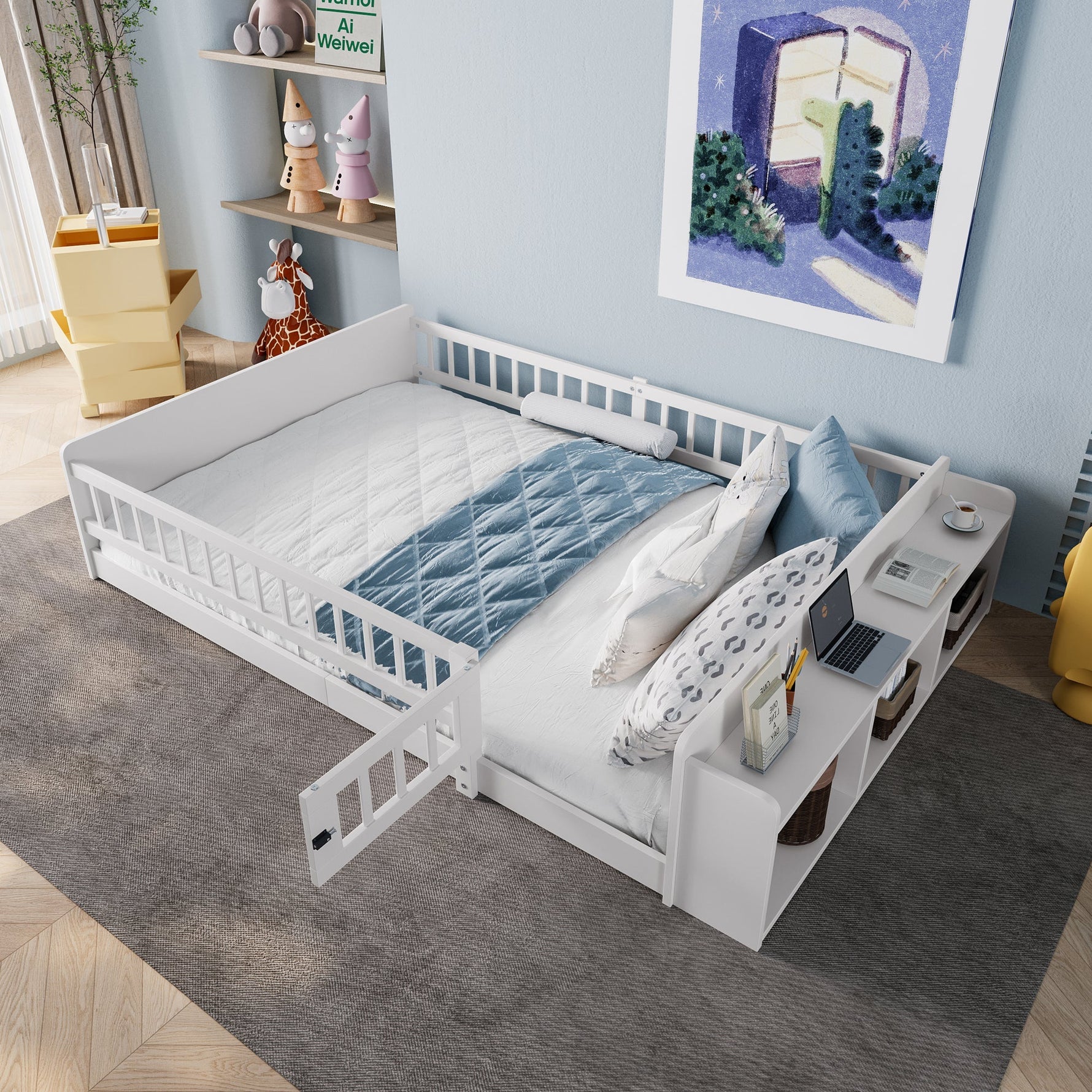 Children's Wooden Bed 140x190cm Open Storage Shelves Opening Case - Pine White