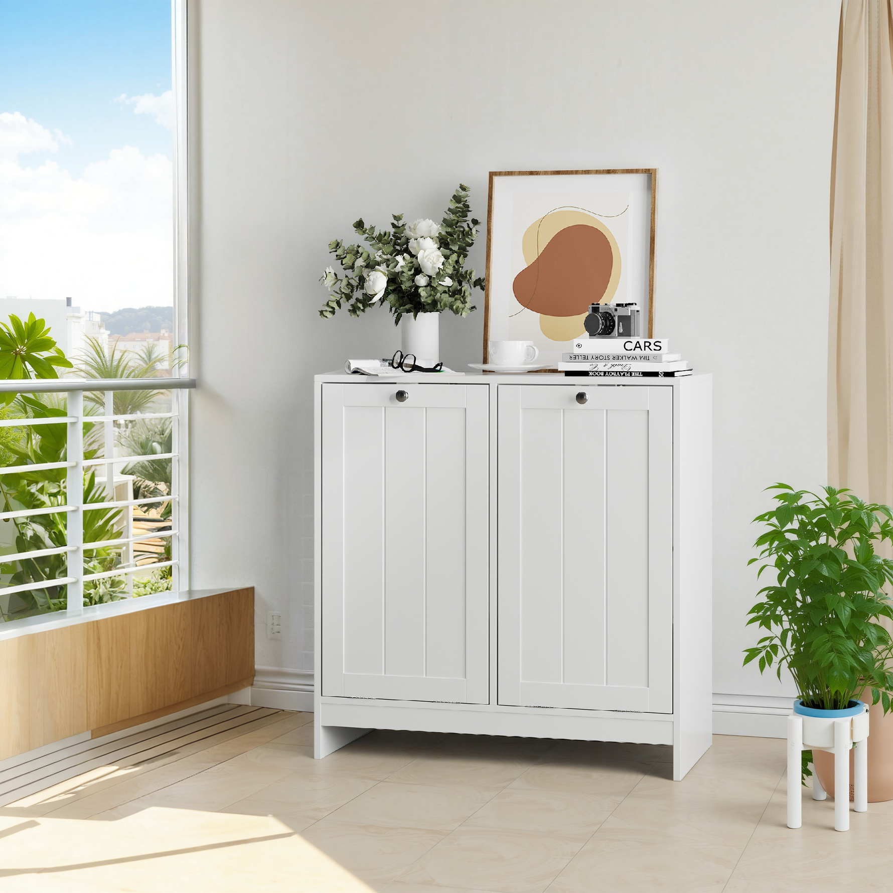 Tilting Laundry Basket Cabinet with Removable Hamper and Storage, Freestanding Bathroom Organizer, White MDF