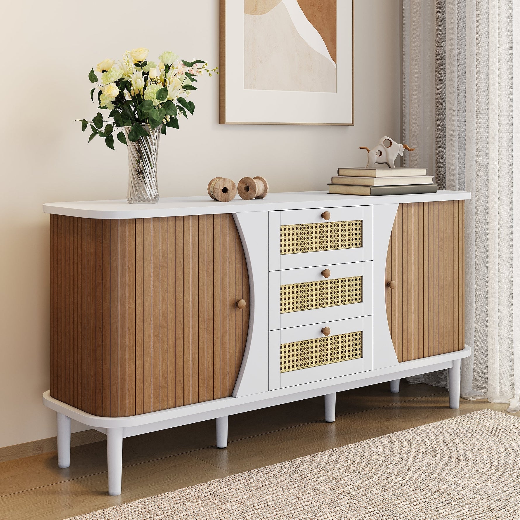 Sideboard Rattan Sliding Doors Adjustable Shelves - Curved Top