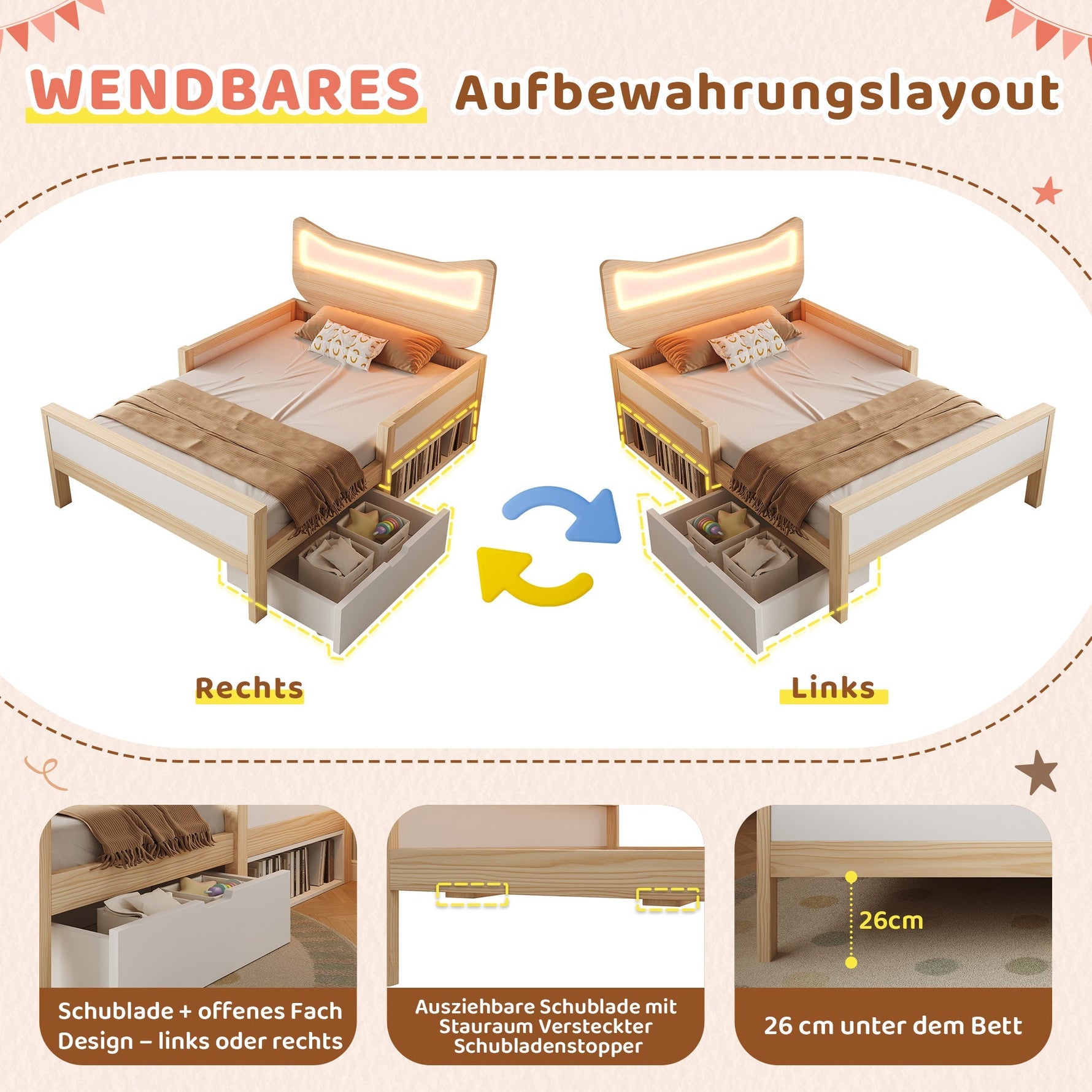 Children's Bed with Cat Ear Headboard, RGB LED Lighting, Storage Drawer and Safety Rails, 90x190cm, White and Oak