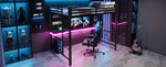 Gaming Loft Bed Frame with 140x200 Desk, LED and USB, Black Metal