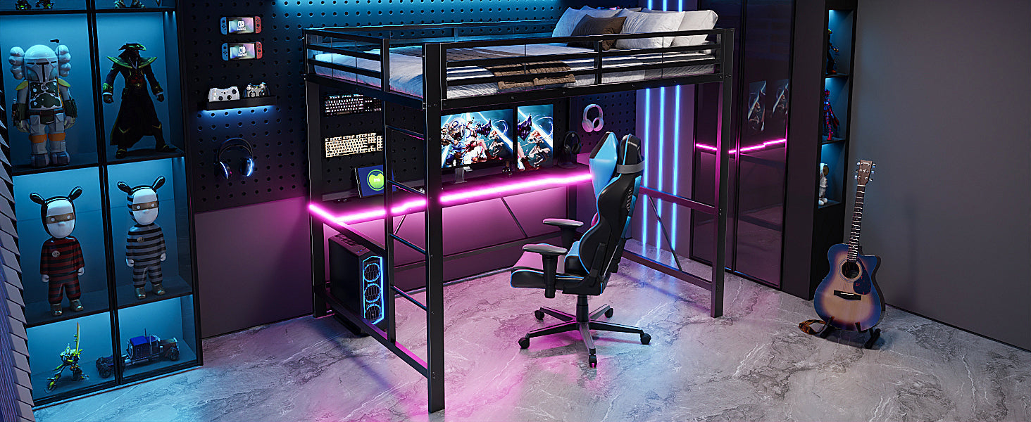 Gaming Loft Bed Frame with 140x200 Desk, LED and USB, Black Metal