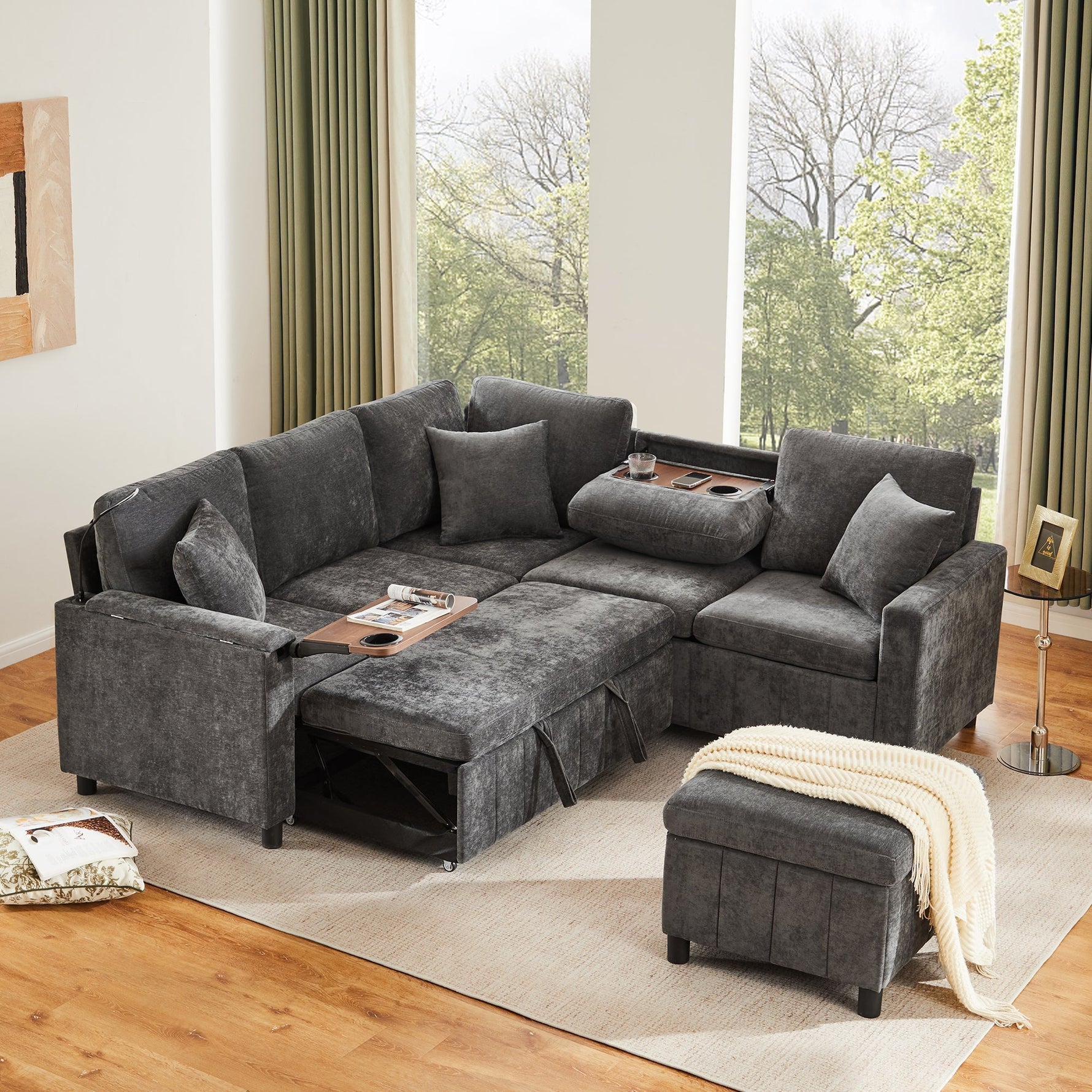 Chenille Corner Sofa Bed with Ottoman, USB Charging and Hidden Table, Grey