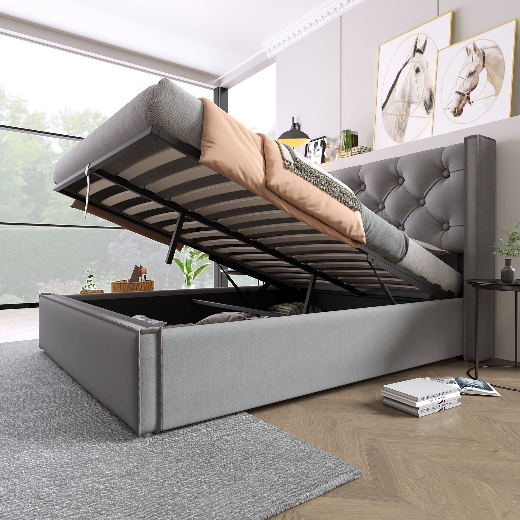 Hydraulic Upholstered Double Bed, 160x200cm, Metal Slatted Frame with Storage, Grey Cotton