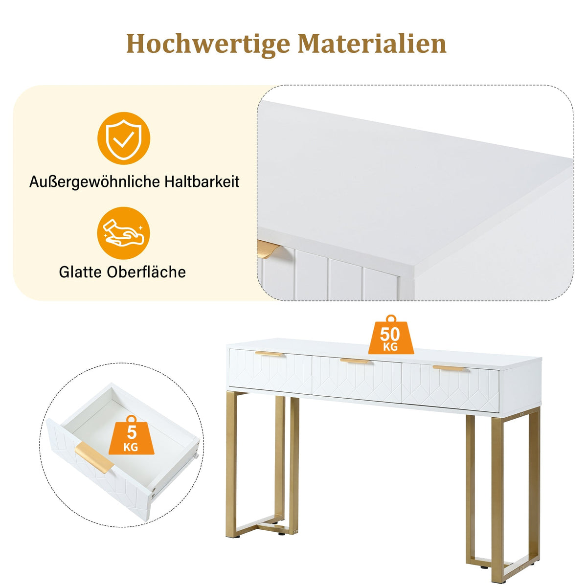 Modern Console Table - Drawers, Adjustable Foot Pads, Elegant Handles - White & Gold