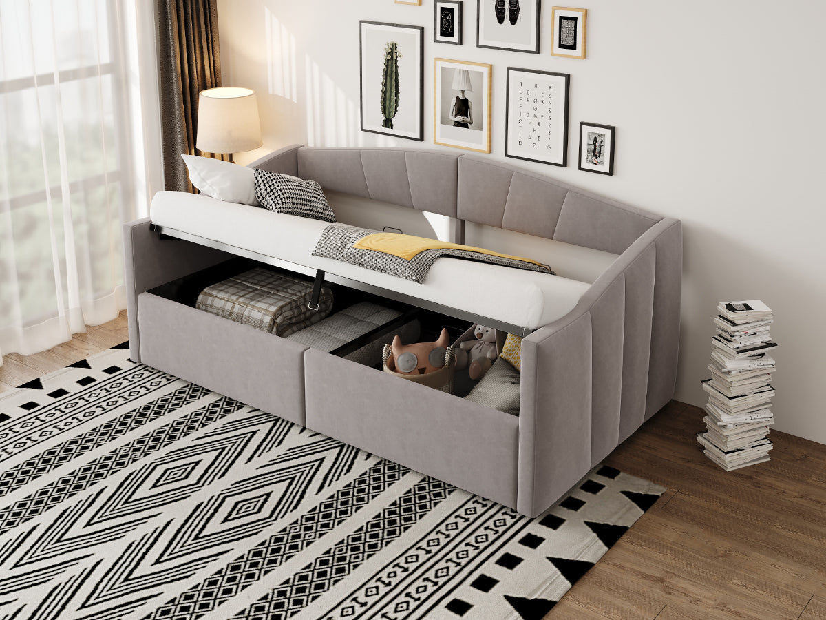 Upholstered Sofa Bed 90x200cm Hydraulic Storage Multifunctional Striped with Armrests Velvet Light Grey