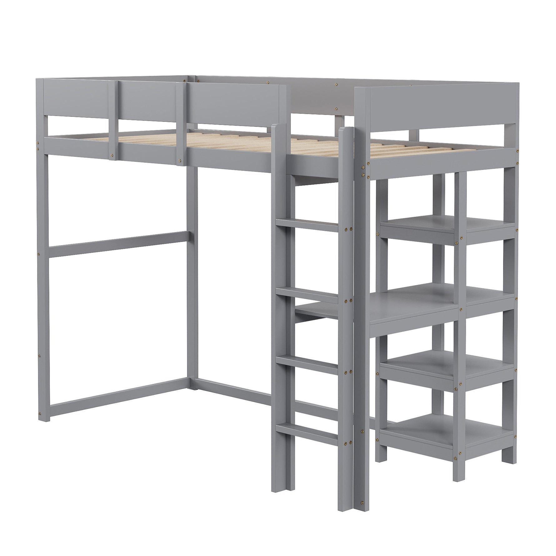 Loft Bed with Storage, 90x200cm, Slatted Base, Solid Pine Wood Grey
