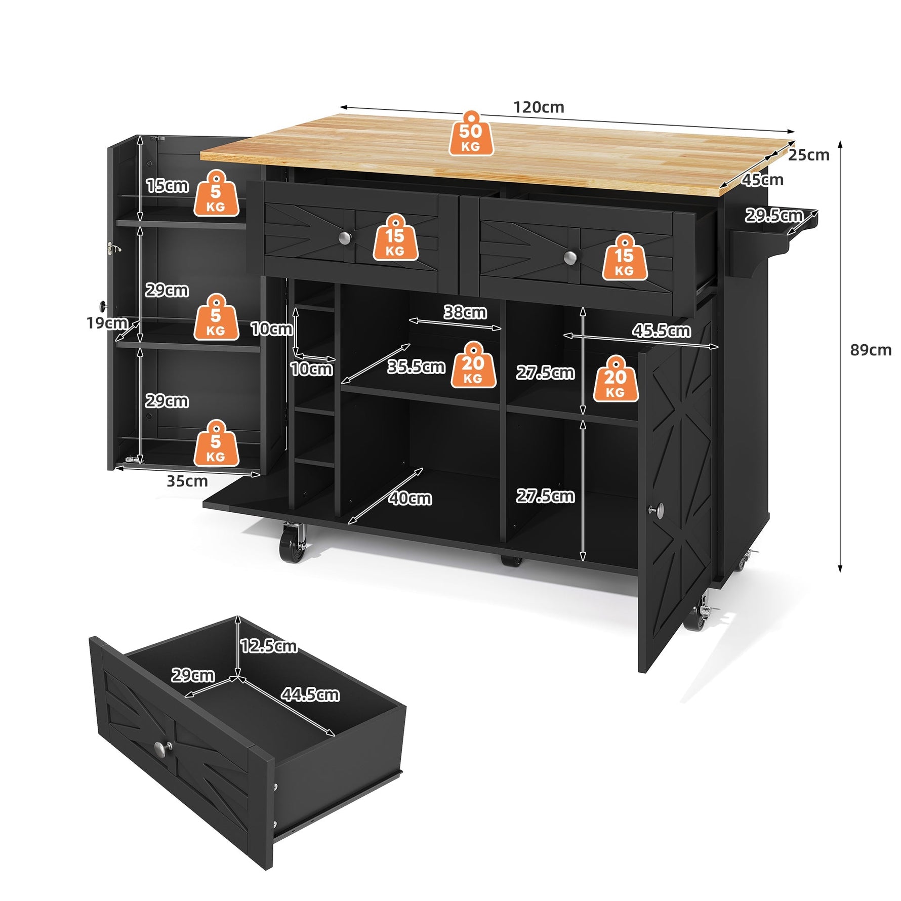 Kitchen Island Mobile Folding Worktop Wine Rack Storage - Black
