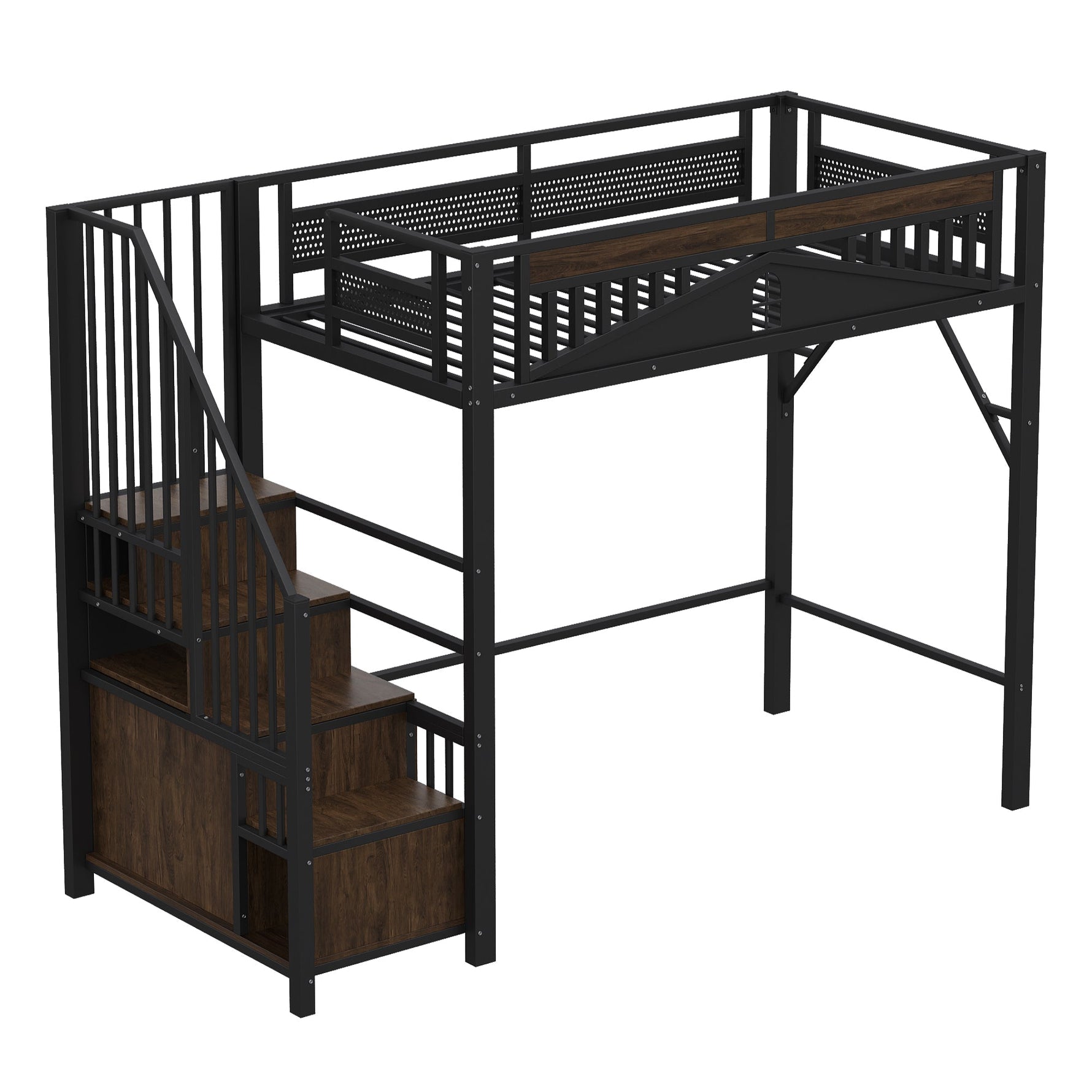Metal Loft Bed, 90 x 200 cm, Safety Enclosure with Window & Ladder, Black