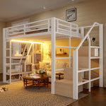 Loft Bed 140x200cm with LED & Storage, White Iron Frame