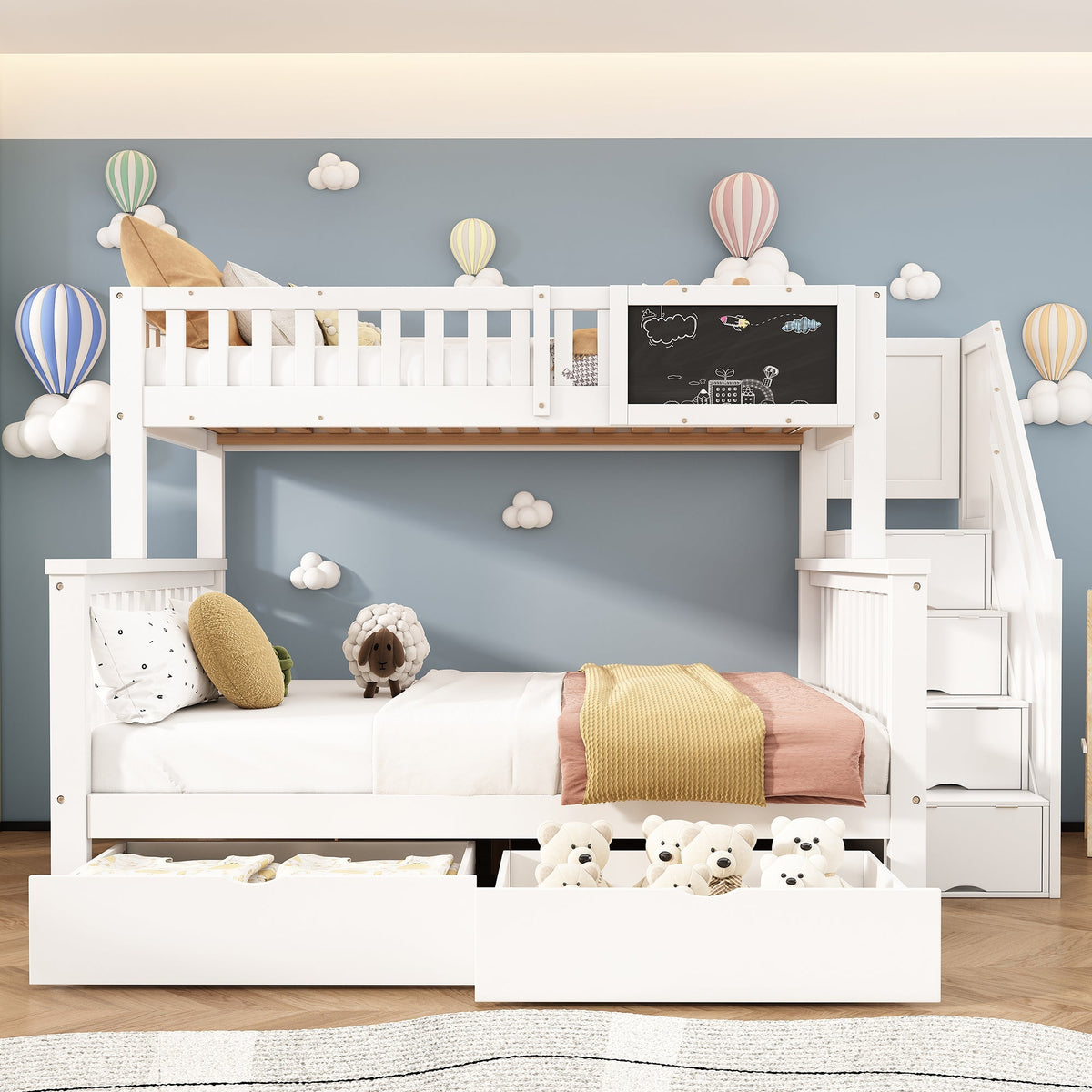 Multifunctional Children's Bunk Bed with Chalkboard and Drawers, 90x200cm and 140x200cm, White