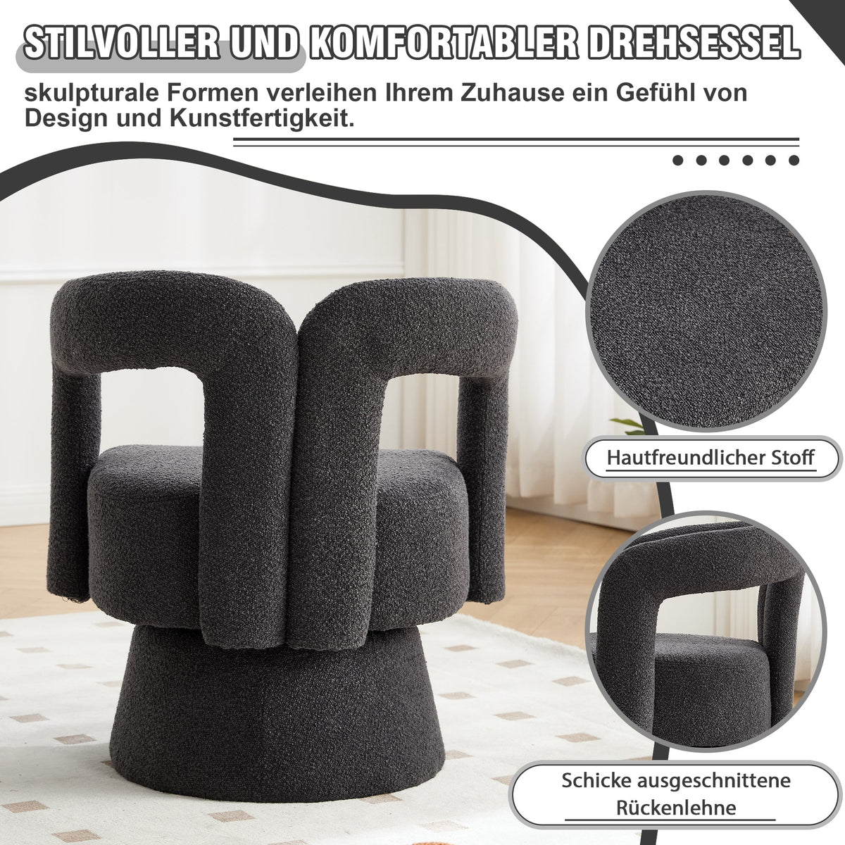 Cuddle Barrel Accent Chair, 360-Degree Rotating Fluffy Fabric, Dark Gray