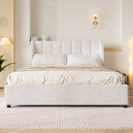 Upholstered Platform Bed 140x200cm with Slatted Base, Velvet Beige