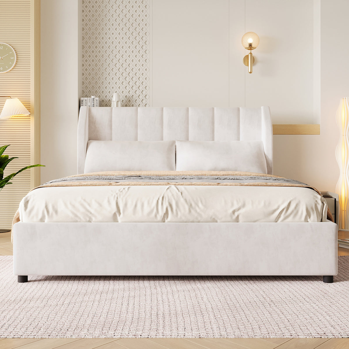 Upholstered Platform Bed 140x200cm with Slatted Base, Velvet Beige