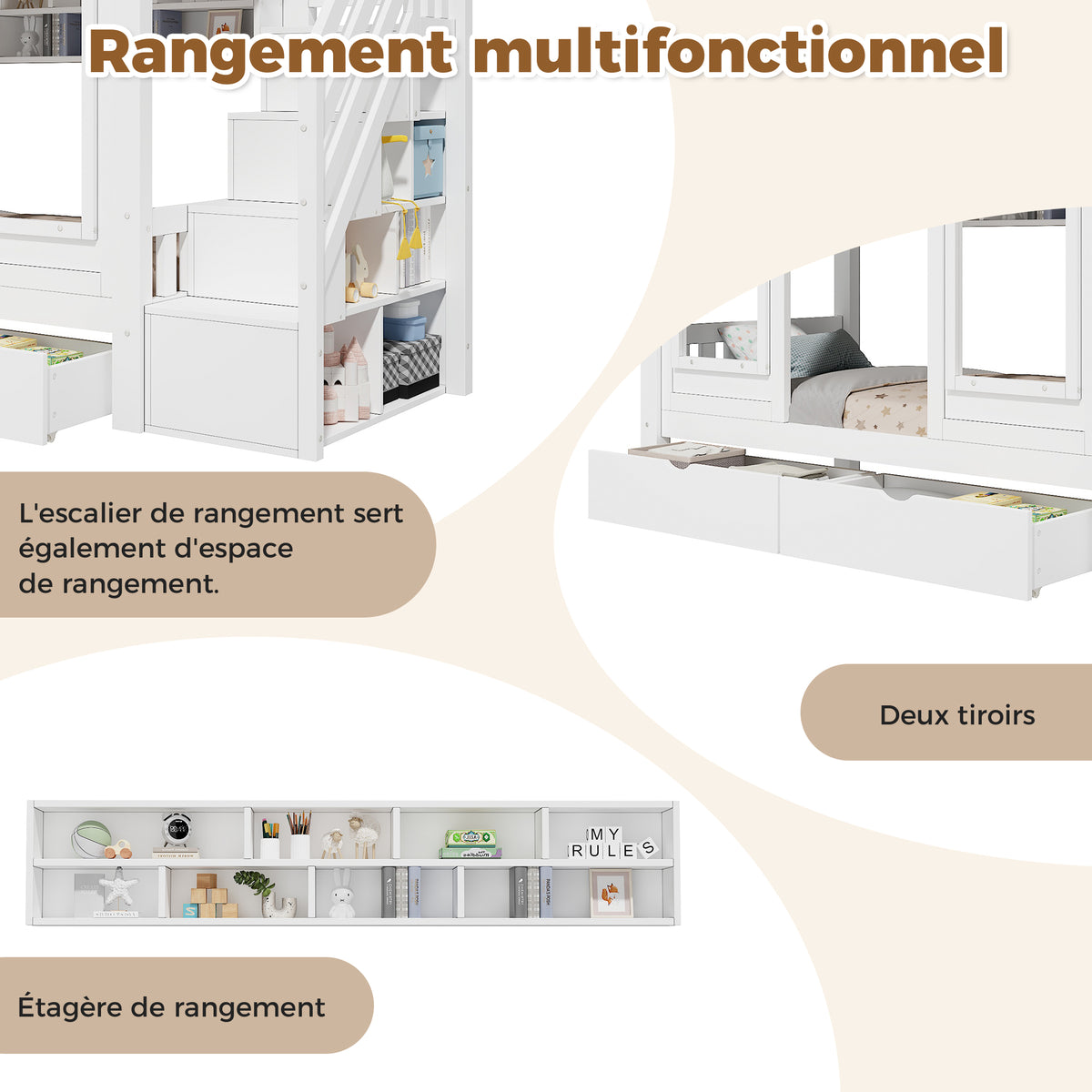 Children's Bunk Bed 90x200cm with Storage Stairs, Solid Wood White