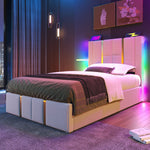 Upholstered Bed, USB C, LED, Storage, 90x200, Wood Slats, Beige Linen