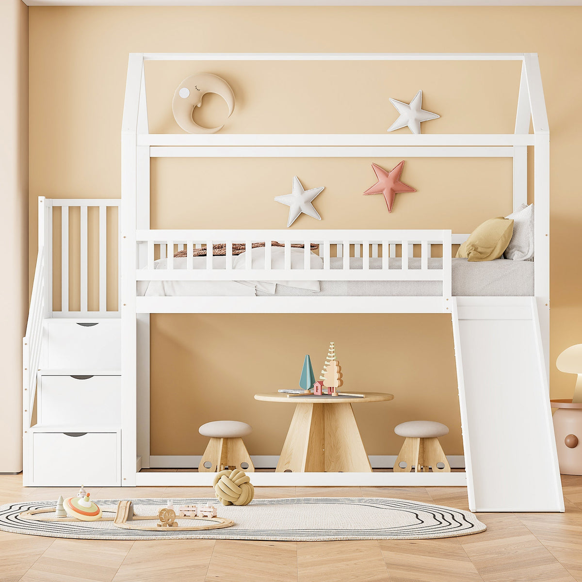 Children's Bunk Bed 90x200 cm, Loft with Slide & Storage Ladder, Solid Wood, White