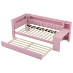 Upholstered Daybed with USB, LED, Pull-out Bed and Desk, 90x200cm, Pink