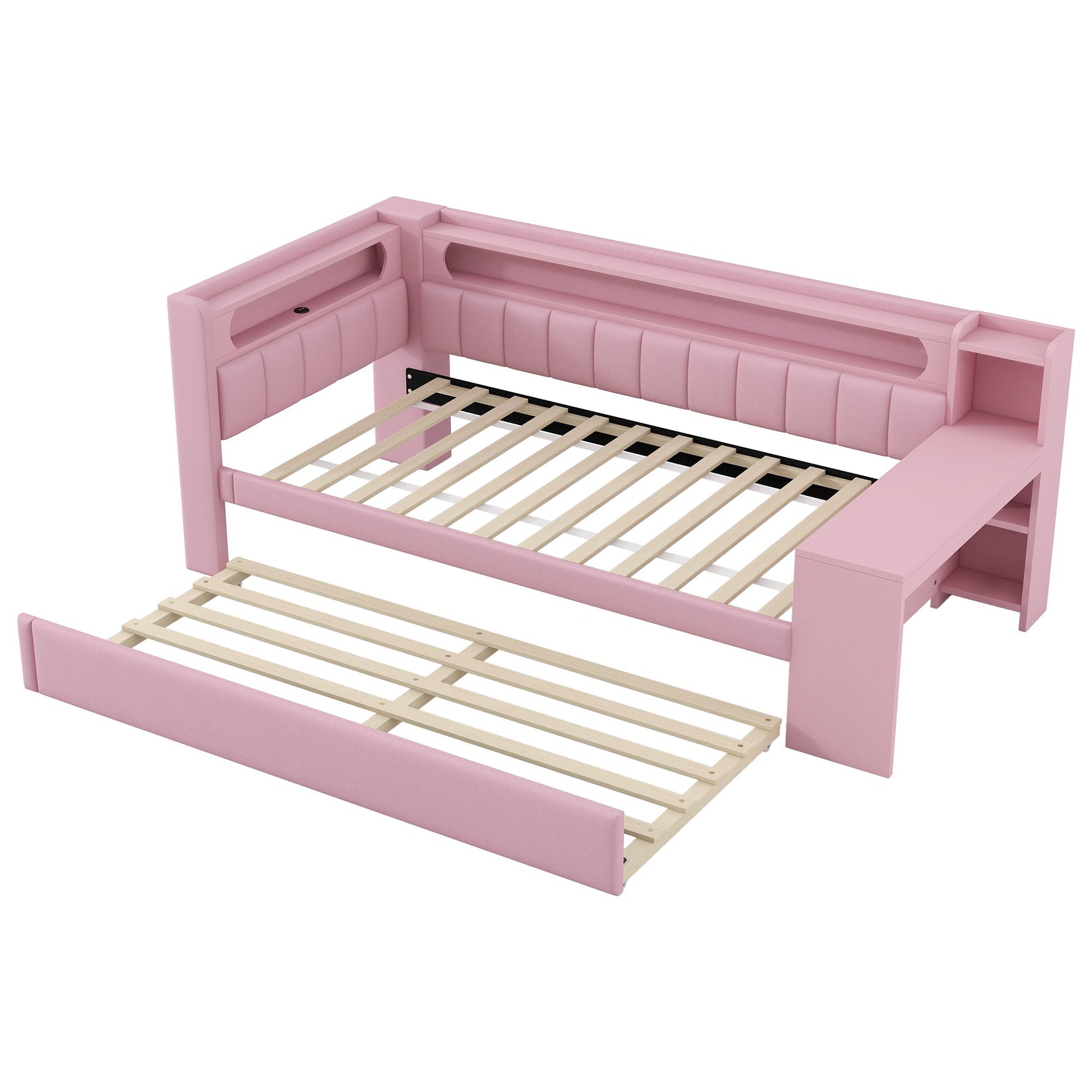 Upholstered Daybed with USB, LED, Pull-out Bed and Desk, 90x200cm, Pink